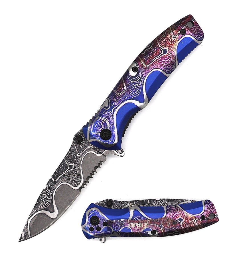 Multi Color Handle Spring Assist Folding Knife Damascus Finish Blade