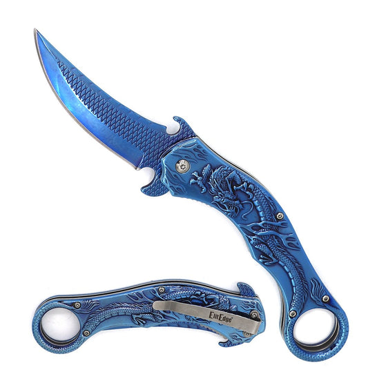 Blue Dragon Sculpture 8.25” Karambit Tactical Spring Assisted Folding Pocket Knife