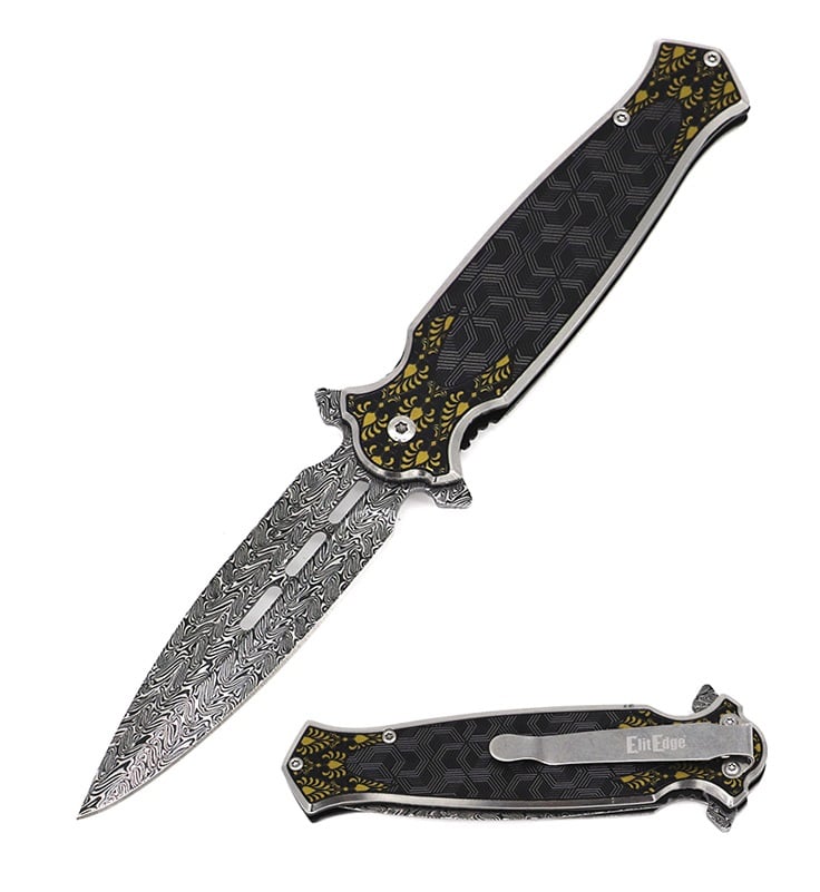 8.25" Damascus Etch Style Black Dirk Dagger Spring Assist Pocket Knife