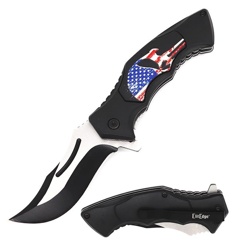 5" Closed Spring Opening Assisted US Flag SKULL Folding Pocket Knife