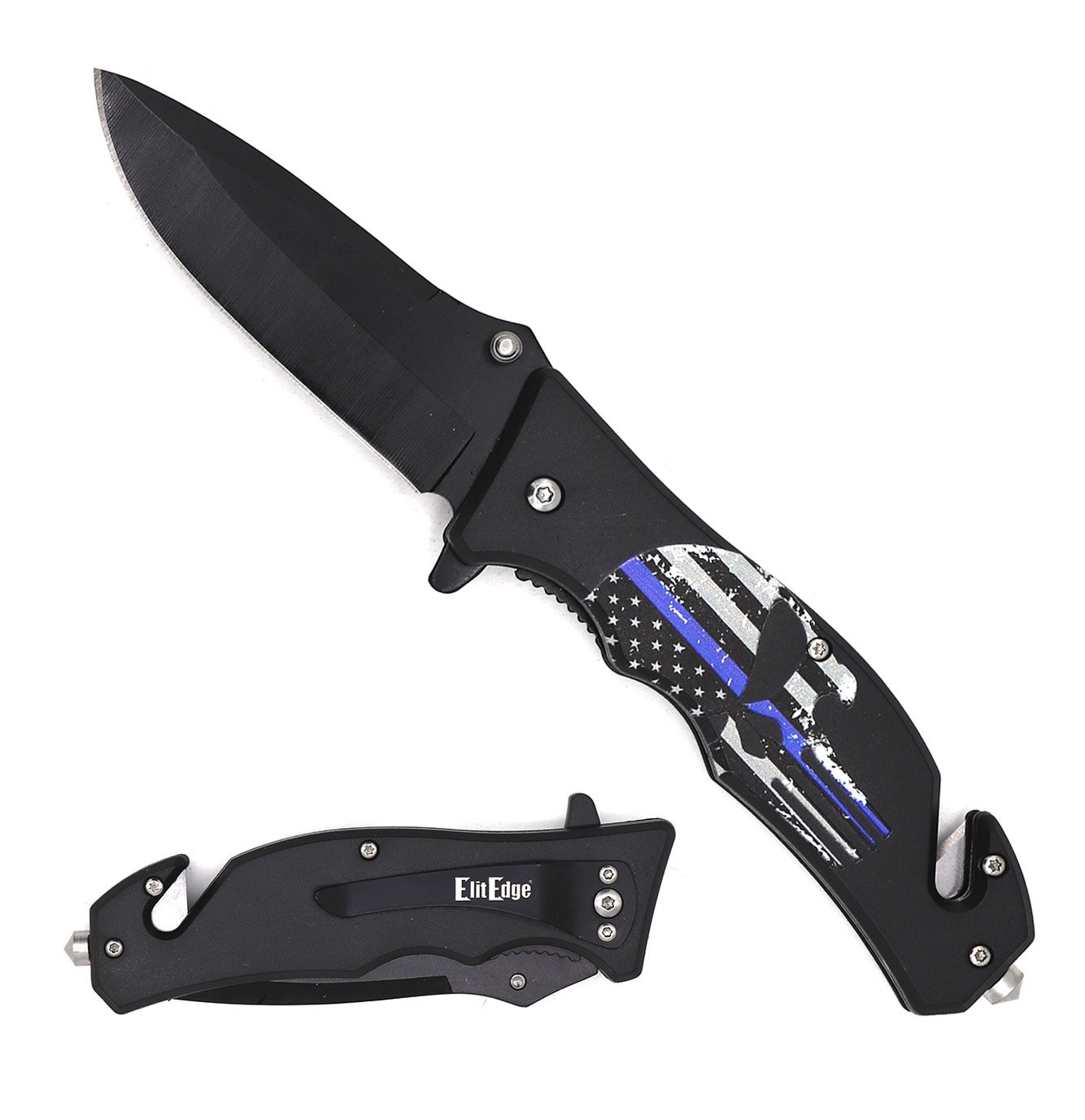 4.75" Closed Blue Skull Punisher Spring Assisted Rescue Folding Knife