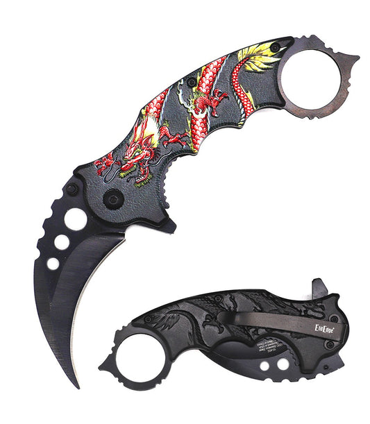 Karambit Tactical Spring Assist Knife With Finger Ring - Red Dragon