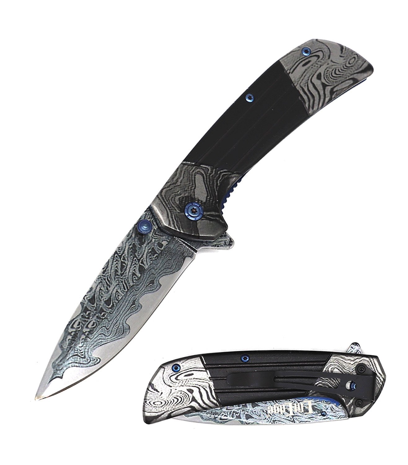 8" Black Heavy Titanium Damascus Etched Stainless Steel Spring Assisted Pocket Knife