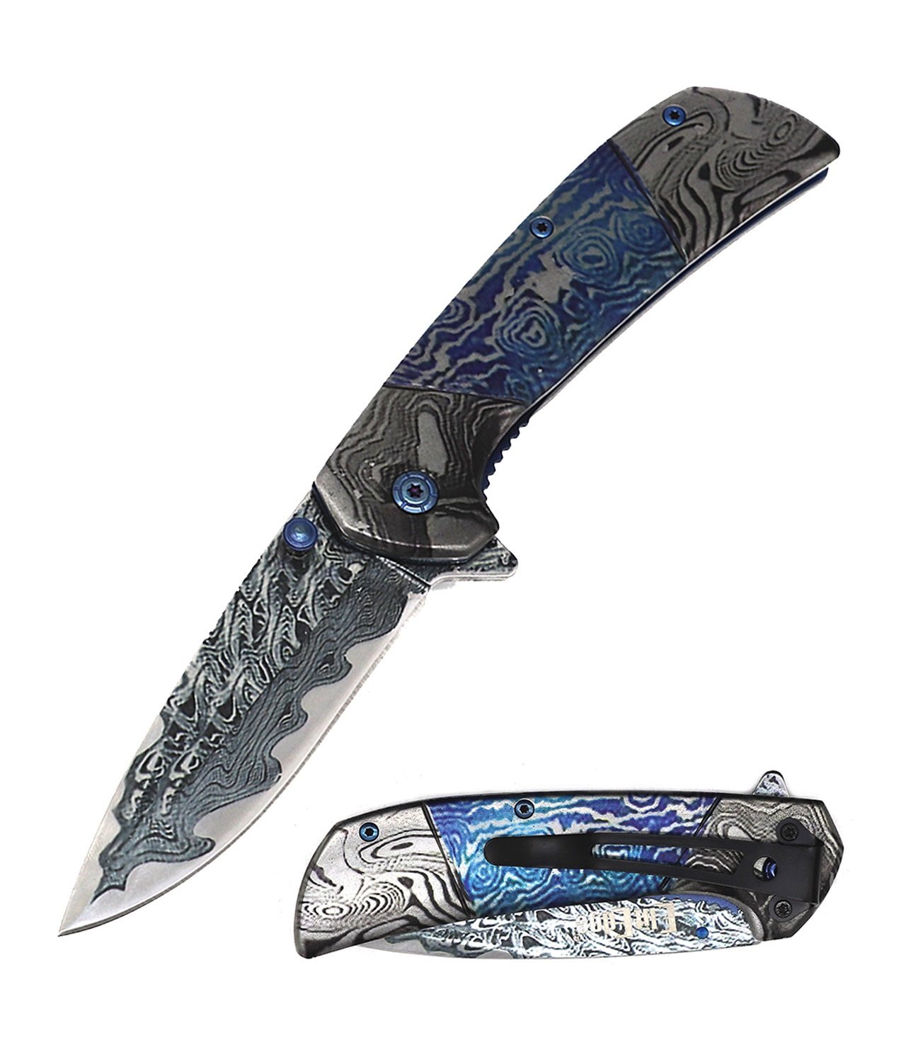 8" Heavy Blue Titanium Damascus Etched Stainless Steel Spring Assisted Pocket Knife