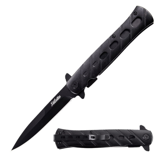 9" Spring Assisted Black STILETTO Style Pocket Knife