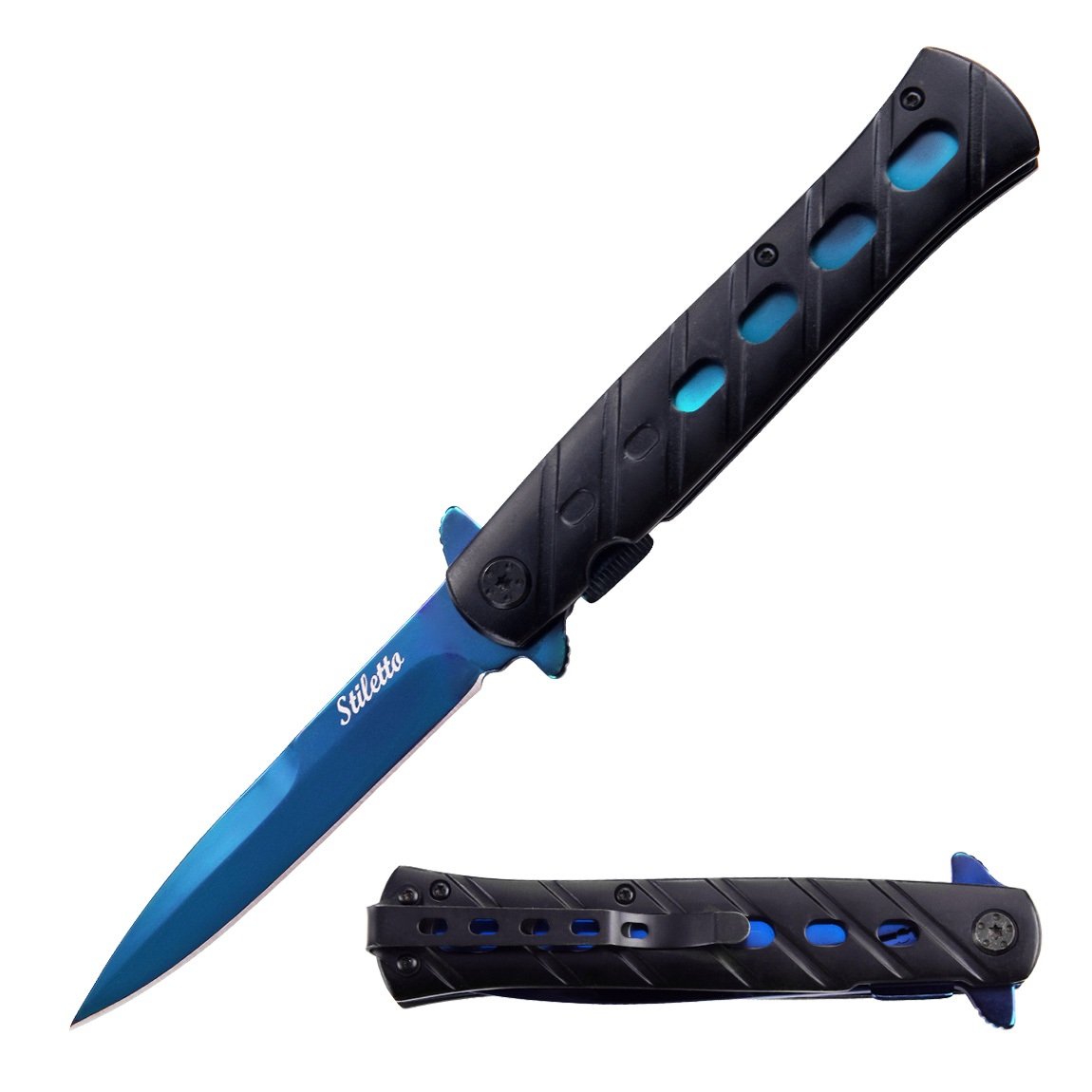 9" Spring Assisted Blue STILETTO Style Pocket Knife