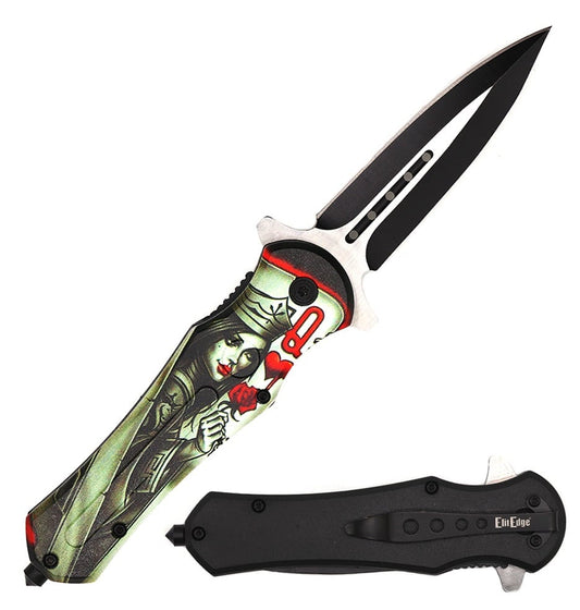 Skull Queens Dagger Style Spring Assisted Open Folding Pocket Knife