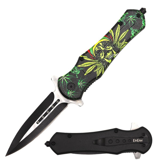 Skull Cannabis Dagger Style Spring Assisted Open Folding Pocket Knife