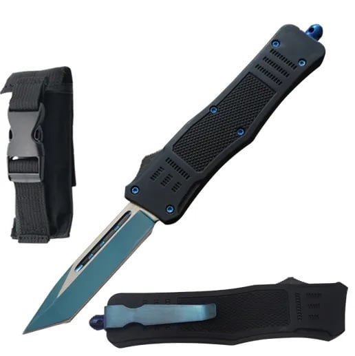 8.25" Titanium Blue Tracker Out Of The Front Tactical Automatic OTF Knife