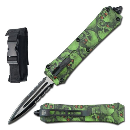 7" Dual Action Dagger Blade Reaper OTF Automatic Knife Green Skulls