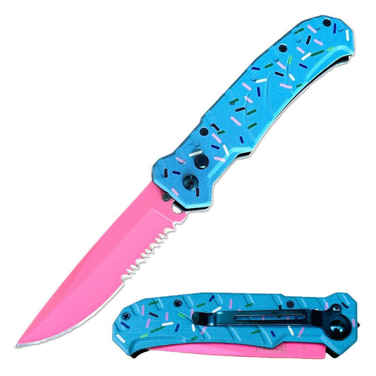 4.5" Closed Pink Blade Switch Blade Automatic Knife - Blue Sprinkles