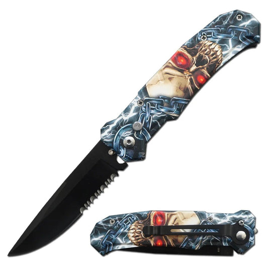 4.5" Closed Ballistic Switch Blade Automatic Knife - Skull Chain