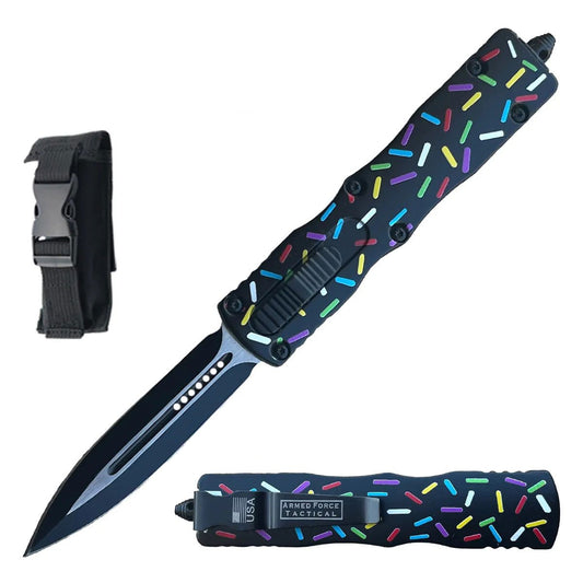 7.5" Sprinkles Black Automatic Dual Action Out The Front Knife