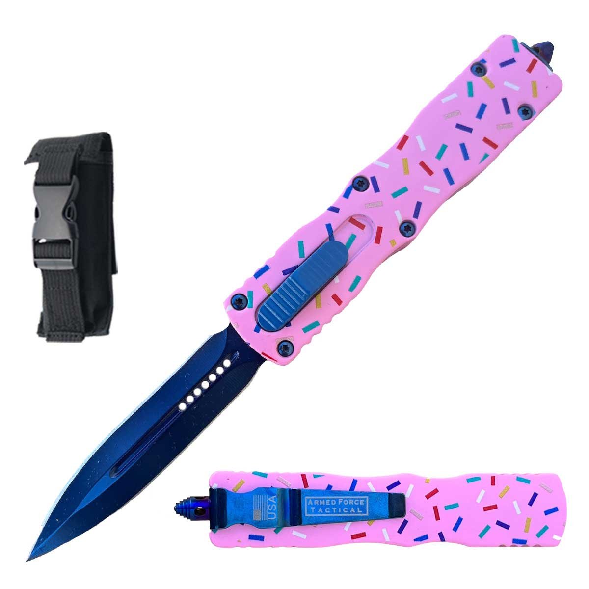 7.5" Pink Sprinkle Death Stalker Automatic Dual Action Out The Front Knife