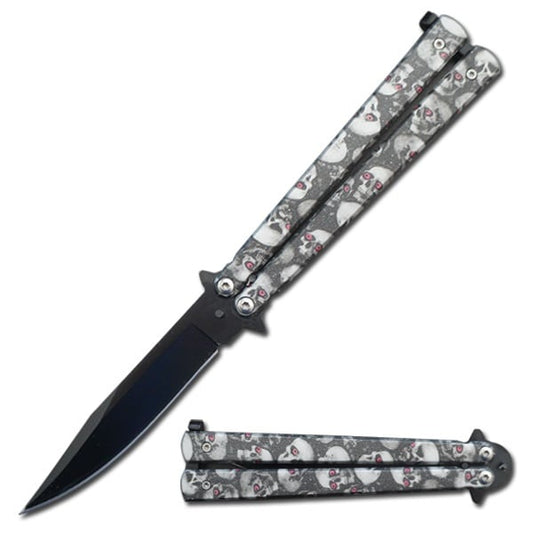 5" Closed Stainless Steel Butterfly Knife - Grey Skulls