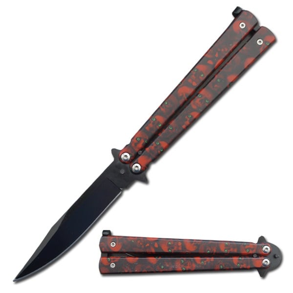 5" Closed Stainless Steel Butterfly Knife - Red Skulls