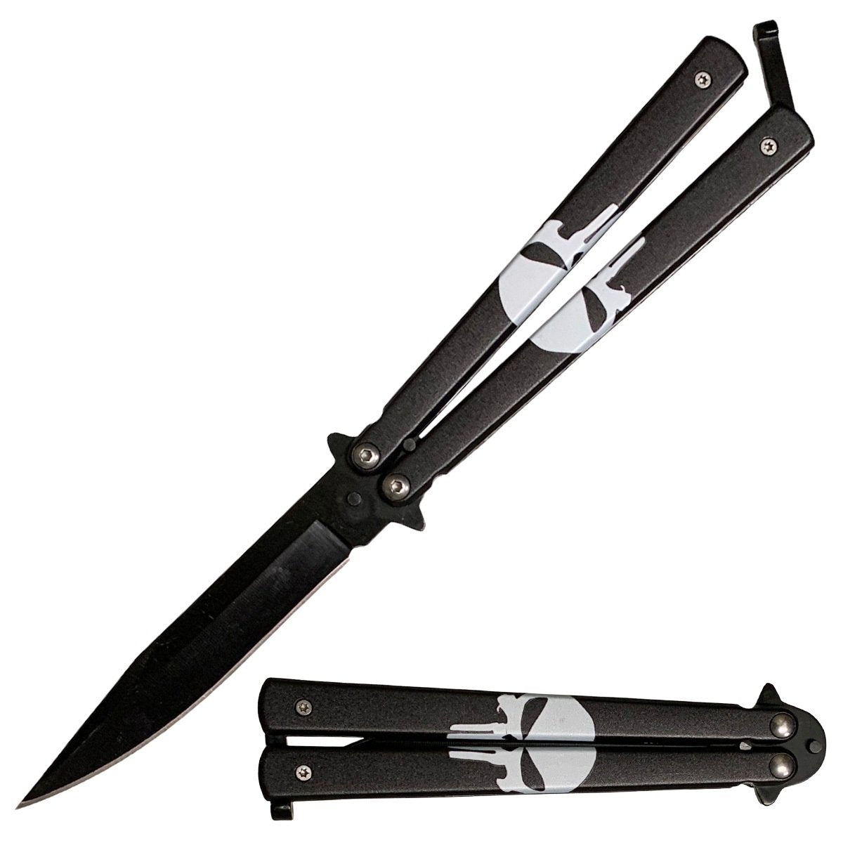 5" Closed Stainless Steel Butterfly Knife - Skull Punisher