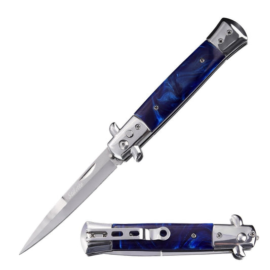 5" Closed Classic Stiletto Automatic Knife - Blue Pearl Handle