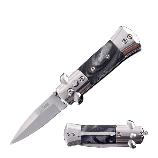 5.65" Mini Stiletto Switch Blade Automatic Knife - Black Pearl Handle