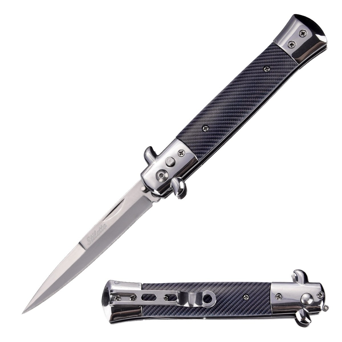 5" Closed Classic Stiletto Automatic Switch Blade Knife - Carbon Fiber