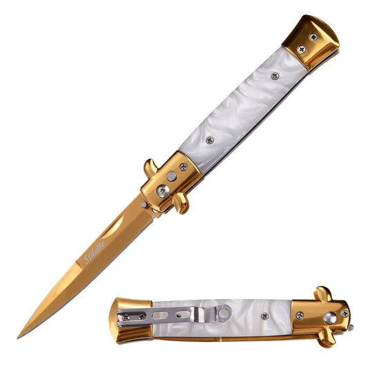 Classic Golden Stiletto Automatic Switch Blade Knife - White Pearl Handle