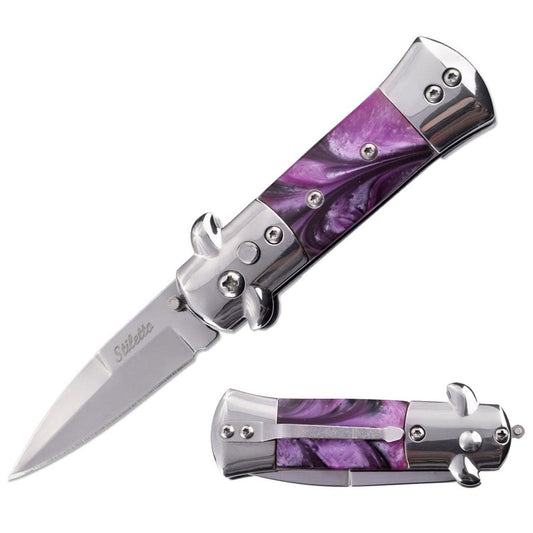 5.65" Mini Stiletto Switch Blade Automatic Knife - Purple Pearl Handle