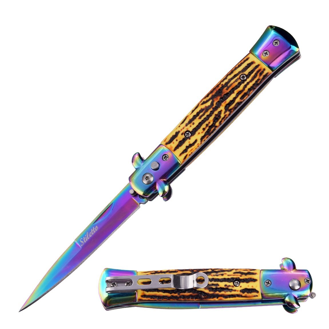 Classic Rainbow Stiletto Automatic Switch Blade Knife - Bone Handle