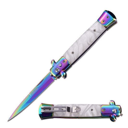 5" Closed Classic Stiletto Automatic Switch Blade Knife - Mother Of Pearl