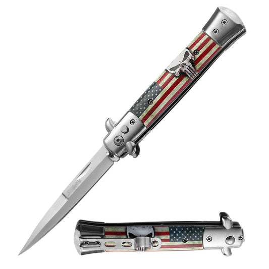 5" Closed Classic Stiletto Automatic Switch Blade Knife - American Skull