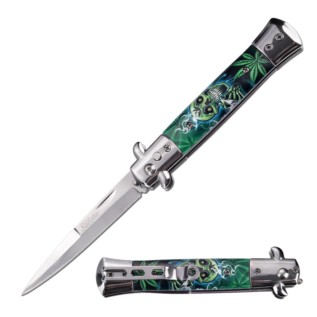 5" Closed Classic Stiletto Automatic Switch Blade Knife - Skull Cannabis Leaf