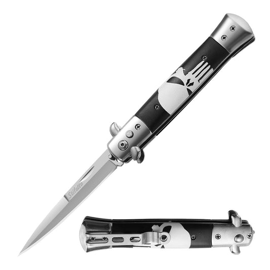 5" Closed Classic Stiletto Automatic Switch Blade Knife - Skull Punisher