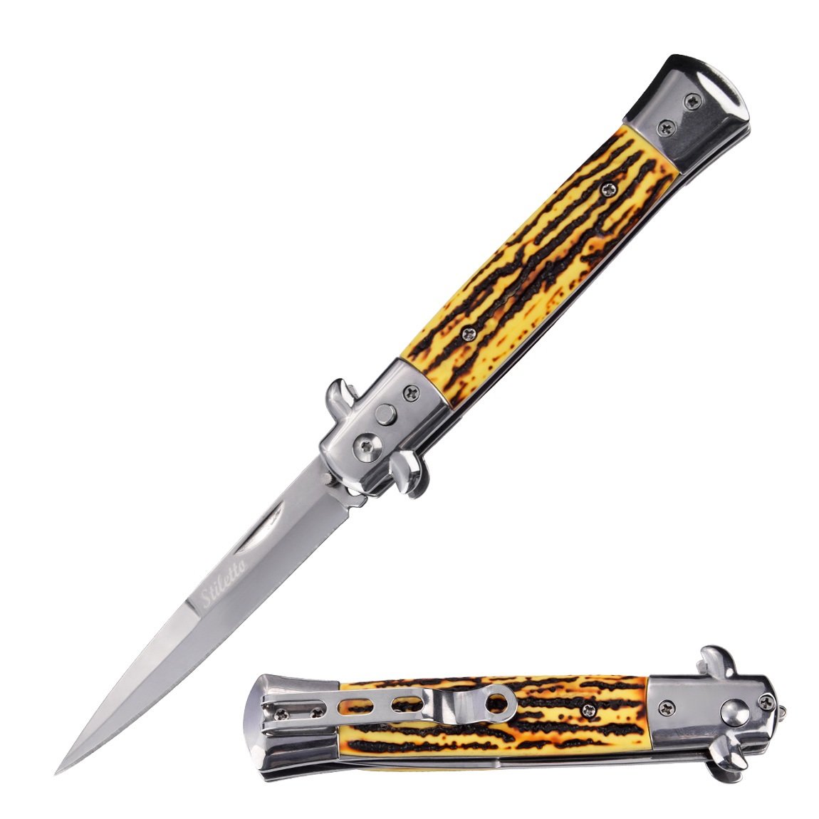 5" Closed Classic Stiletto Automatic Switch Blade Knife - Stag Handle
