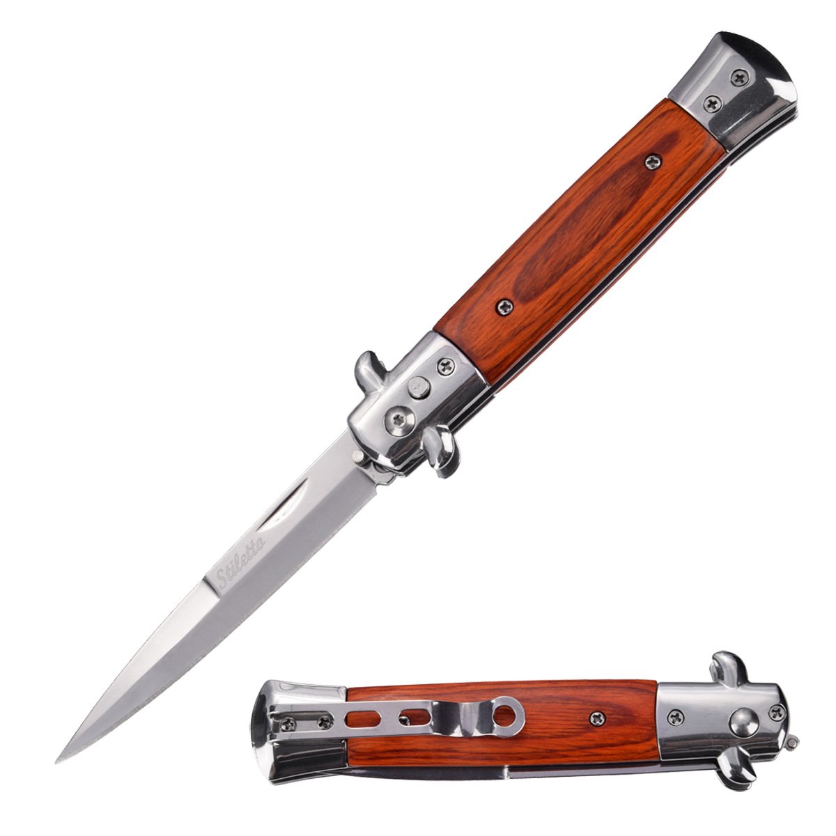 5" Closed Classic Stiletto Automatic SwitchBlade Knife - Pakkawood Handle