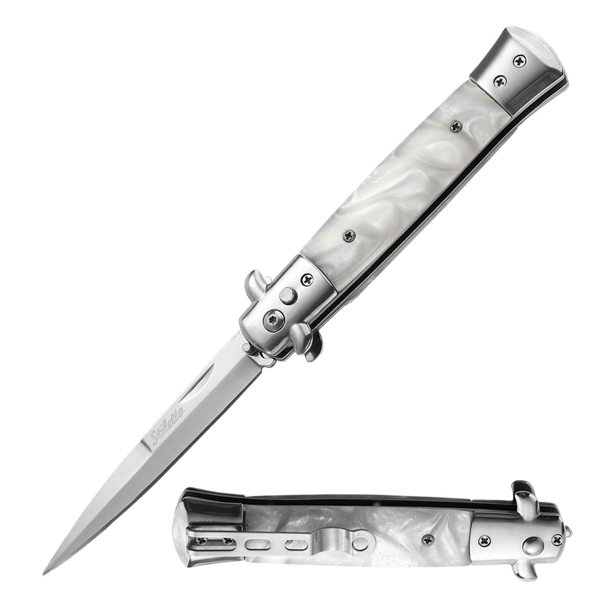 5" Closed Classic Stiletto Automatic SwitchBlade Knife - Mother Of Pearl