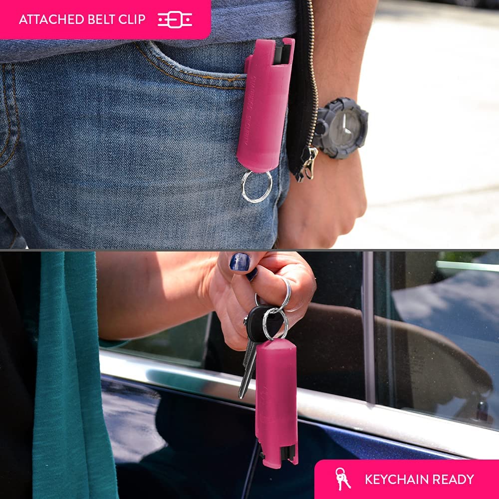 Pink Hard Case Personal Defense Pepper Spray Keychain With Belt Clip