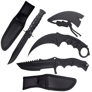 3 Pc Combo CSGO Black Tactical Fixed Blade Knife Set - Karambit, Huntsman, Combat Knife