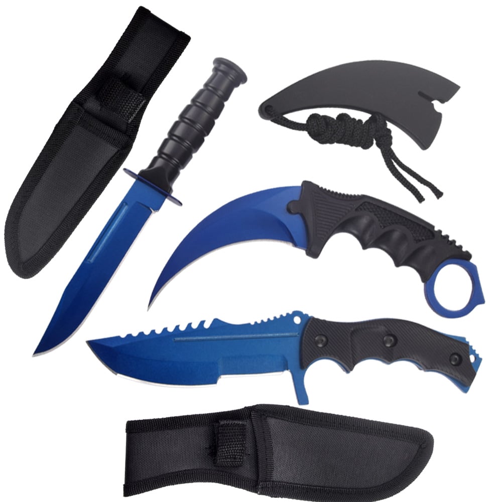 3 Pc Combo CSGO Blue Tactical Fixed Blade Knife Set - Karambit, Huntsman, Combat Knife