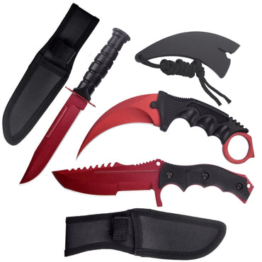 3 Pc Combo CSGO Red Tactical Fixed Blade Knife Set - Karambit, Huntsman, Combat Knife