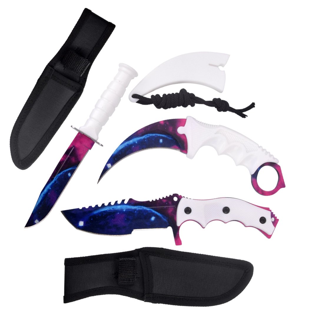 3 Pc Combo CSGO White Galaxy Tactical Fixed Blade Knife Set - Karambit, Huntsman, Combat Knife