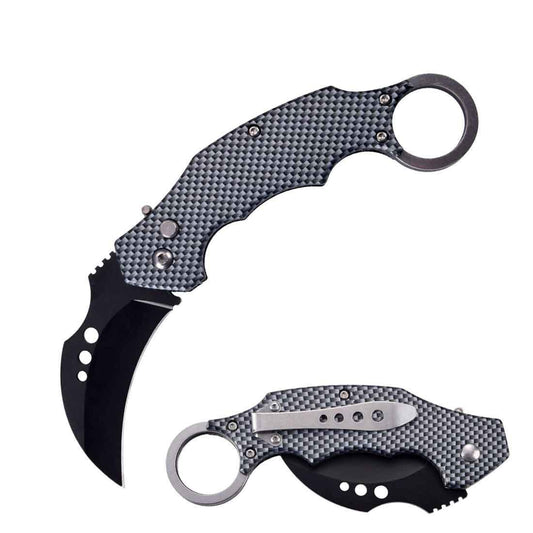 5" Closed Switch Blade Karambit Knife With Finger Ring - Carbon Fiber