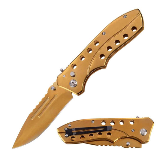 5.35" Closed Golden Switchblade Automatic Clip Point Blade Knife