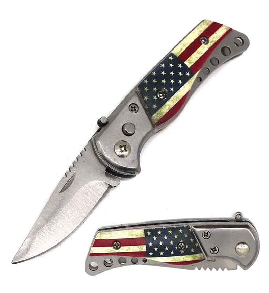 3.25" Closed American Flag Push Button Mini Automatic Pocket Knife