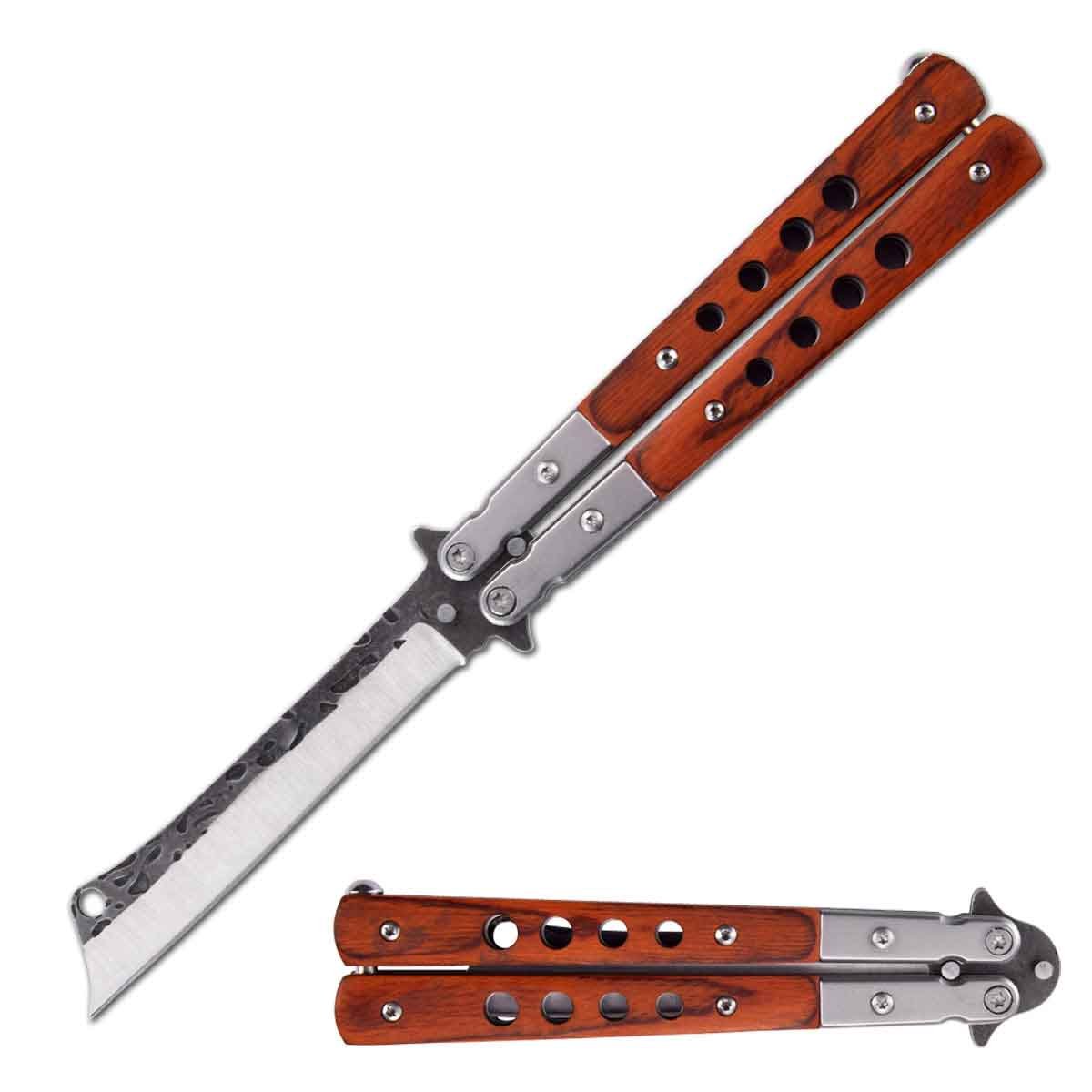 Cleaver Blade Butterfly Knife Brown Wood Handle 5" Closed Length