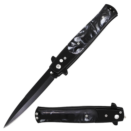 Black Pearl Handle Cavalier Push Button Italian Style Switch Blade Knife