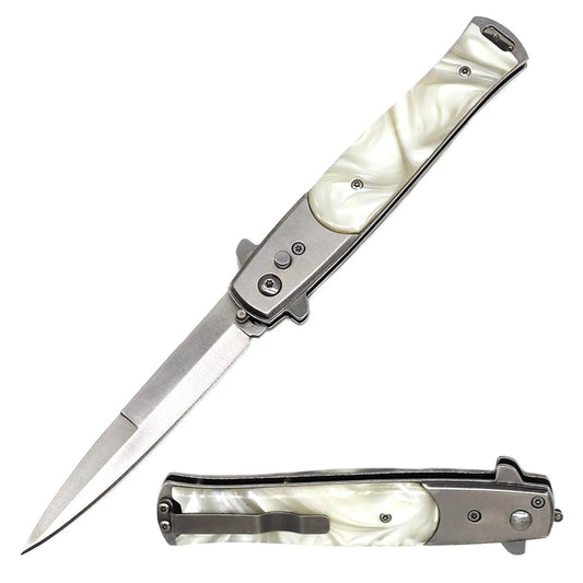 White Pearl Handle Cavalier Push Button Italian Style Switch Blade Knife