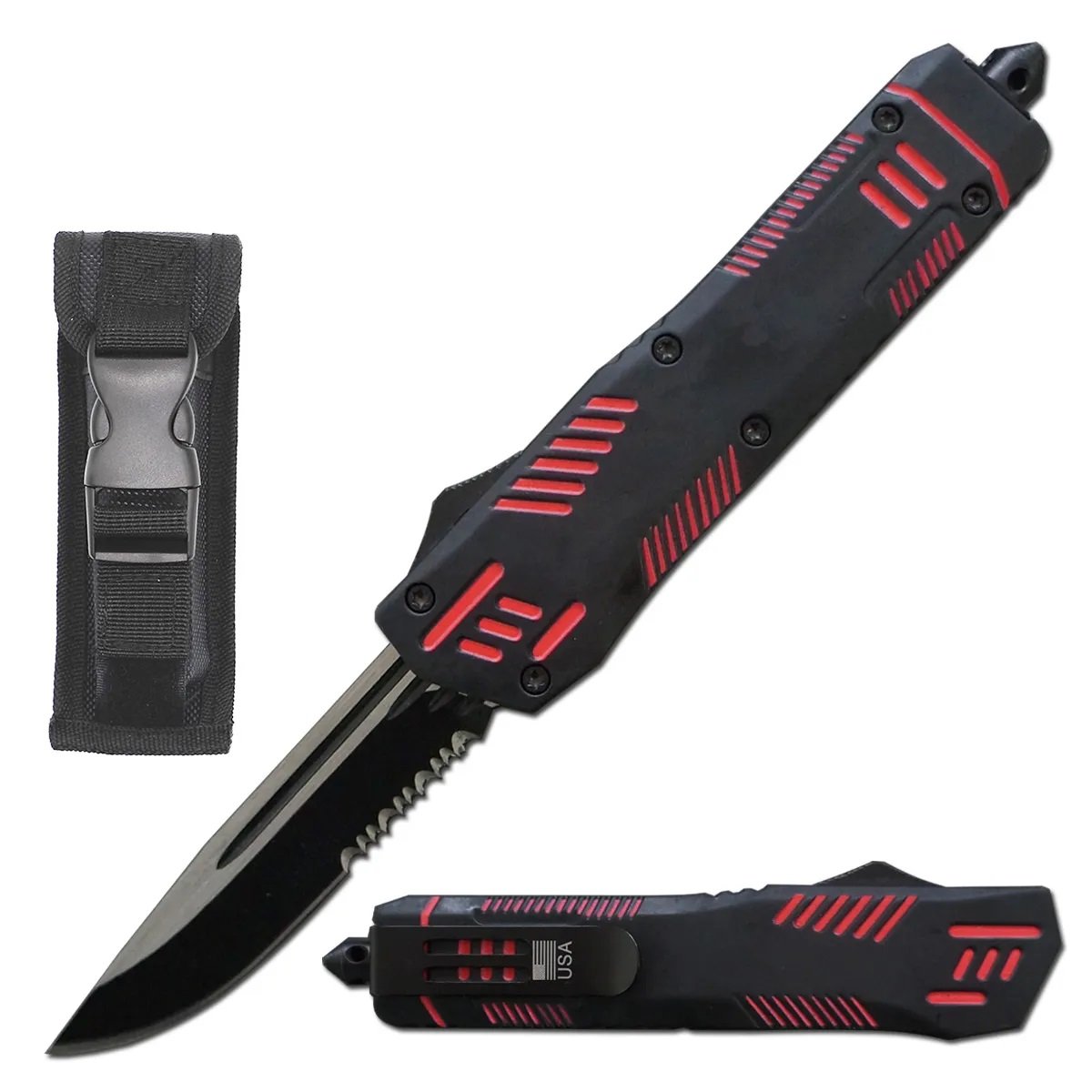 9" Automatic Dual Action Black Pitbull OTF Serrated Blade Knife