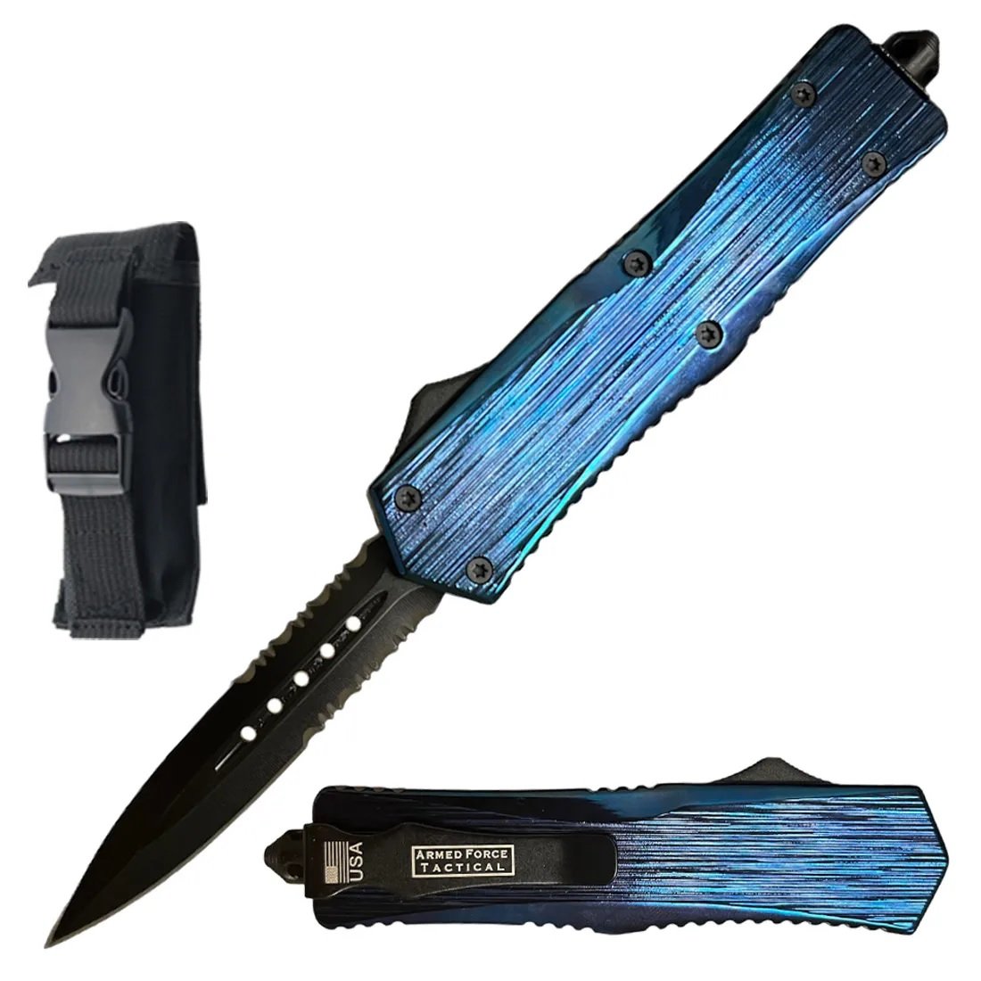 9" Blue Titanium Handle Out Of The Front Tactical Automatic OTF Knife