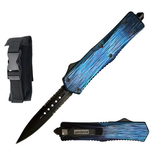 8.25" Blue Titanium Handle Out Of The Front Tactical Automatic OTF Knife