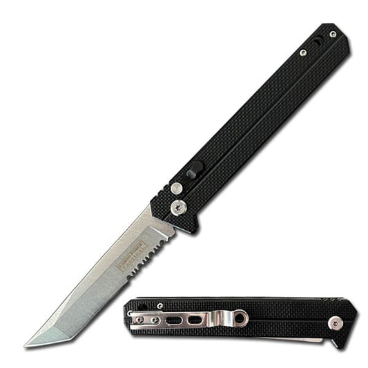 9" EDC Serrated Tanto Point Auto Switch Blade - Safety Lock - Black G10 Handle