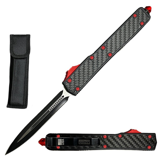 10.5" Carbon Fiber Outlaw OTF Dual Action Red Tactical Automatic Knife